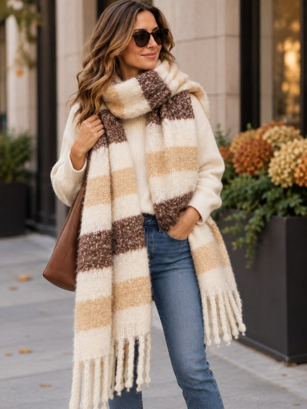 Maeve Anthropologie Oversized Striped Scarf 100” Cream Brown Fringe Cozy
